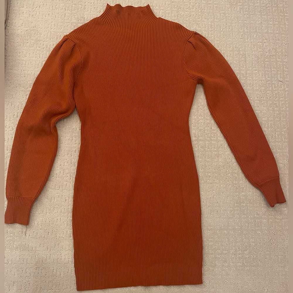 Orange long sleeve, high neck, fall dress.